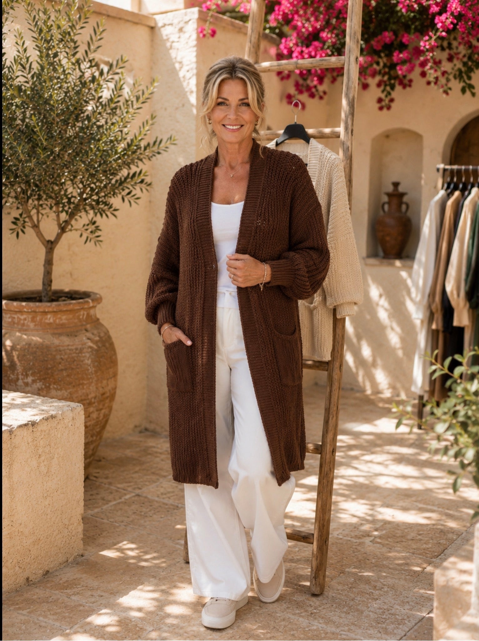 Lang Gebreid Vest – Bruin