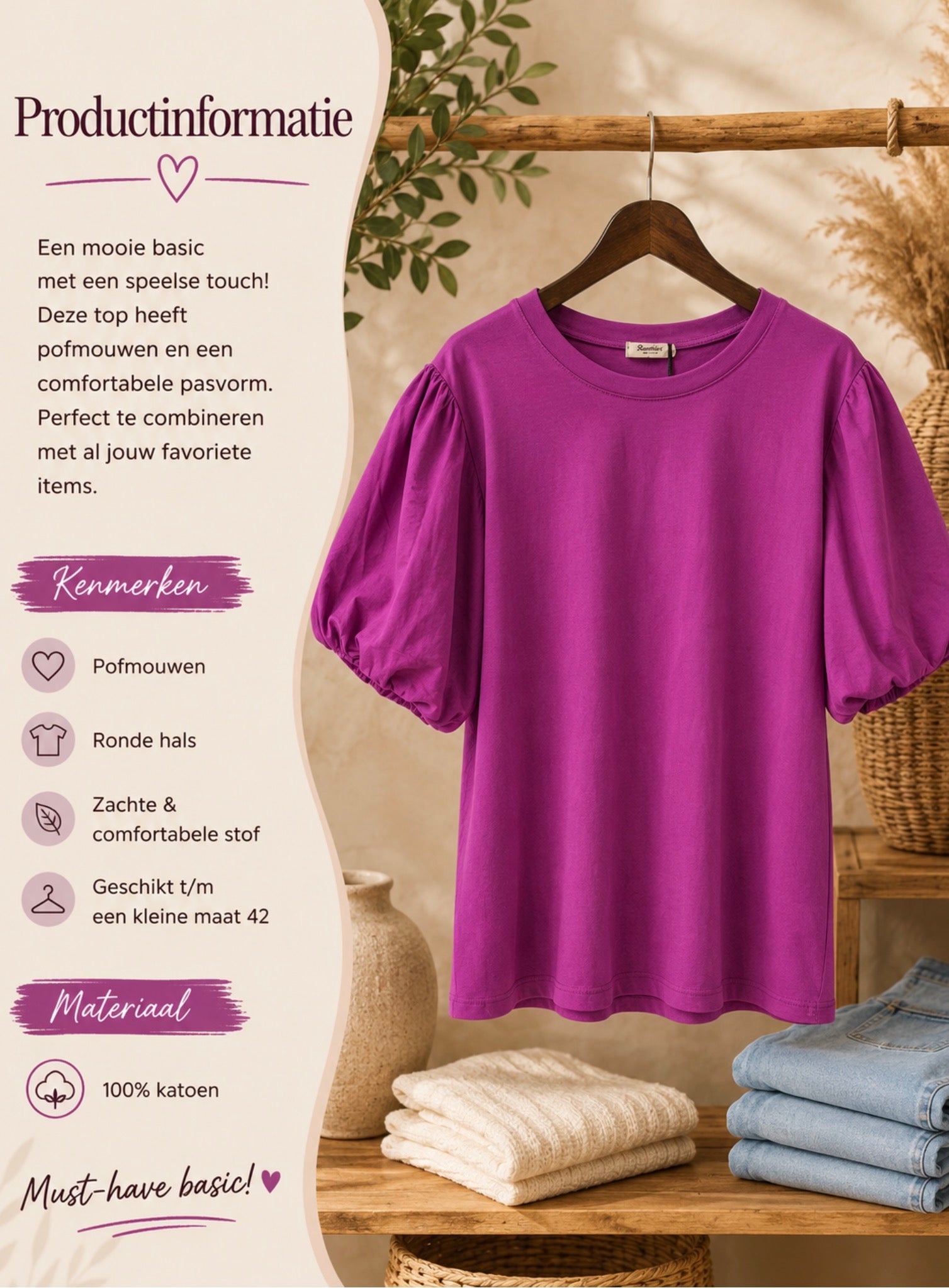 Magenta basic met pofmouw
